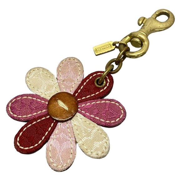 Auth COACH - Red Pink White Jacquard Leather Bag Charm - Picture 1 of 6